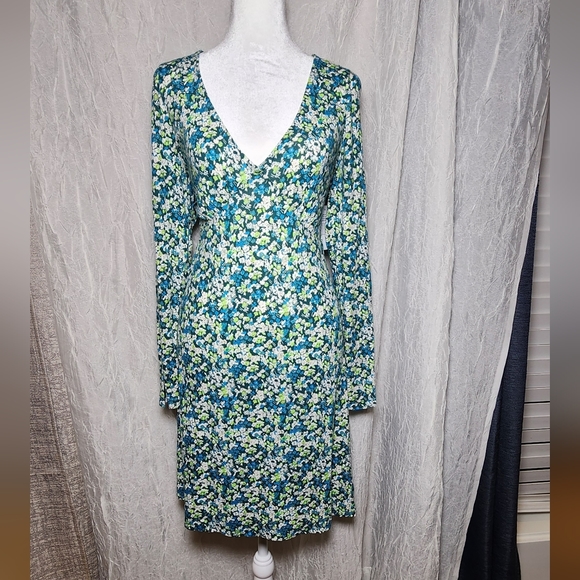 Womens Large Deep V Neck Long Sleeve Print Knit Dress - Picture 7 of 12